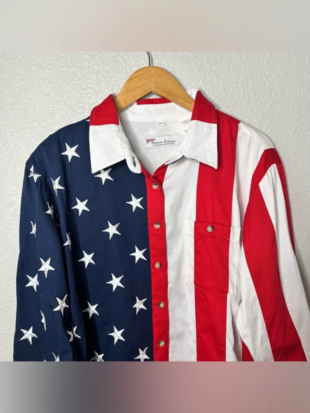 American Summer USA Flag Button Shirt XXL Patriotic Stars Stripes Red White Blue - Picture 4 of 8